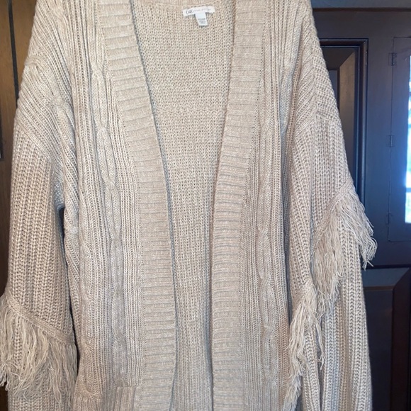 Cato Sweaters - Cato Light Tan Cardigan with Fringe